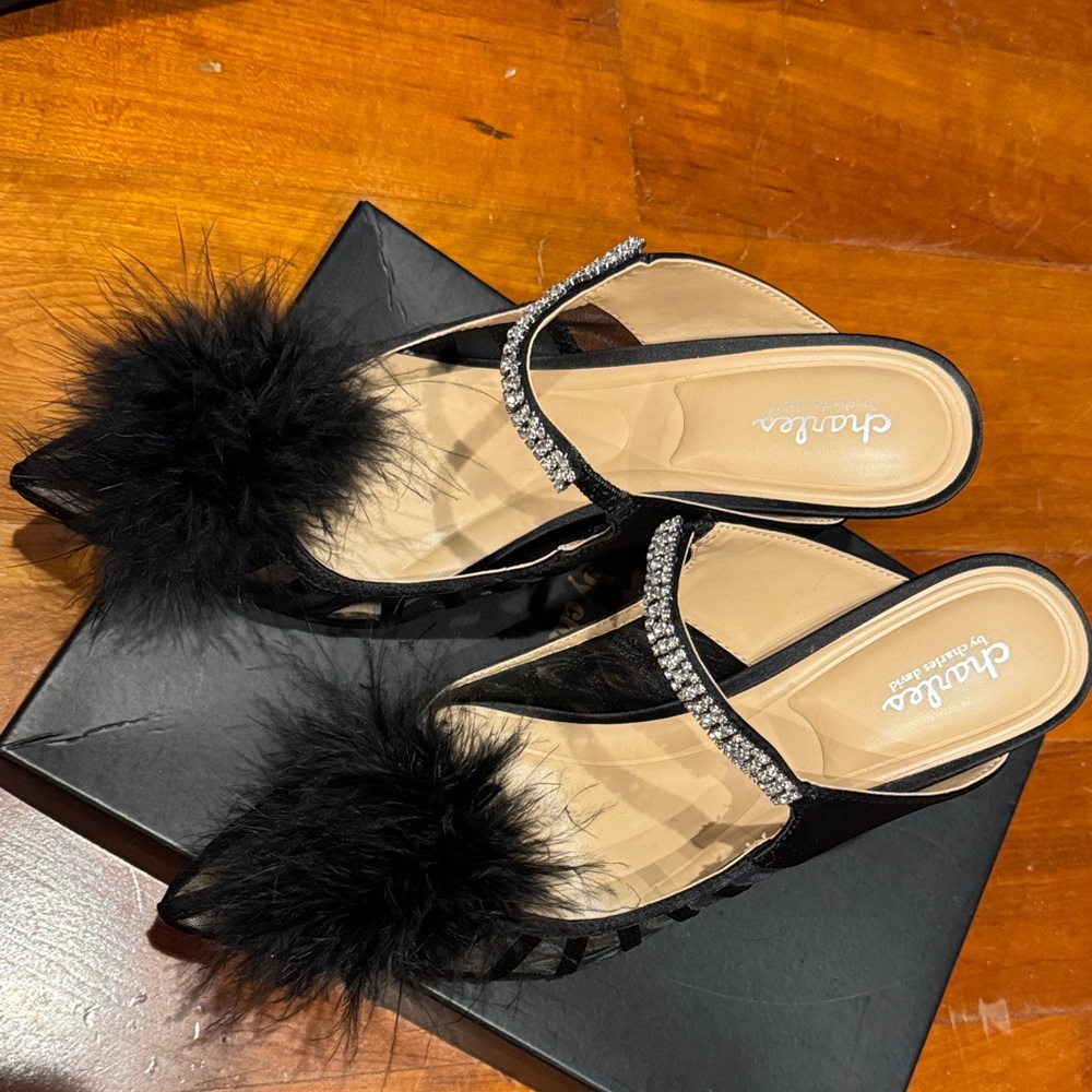 Charles David Black Mules with Feather and Rhinestone
